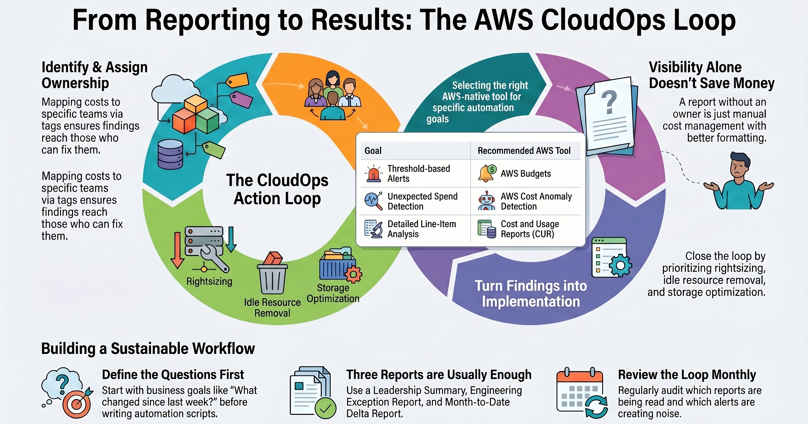 Diagram of the AWS Cost Explorer automation control loop: define cost questions, pull Cost Explorer API data, group spend by account, service, tag, or environment, map owners, add alerts, turn findings into CloudOps work, and review monthly.